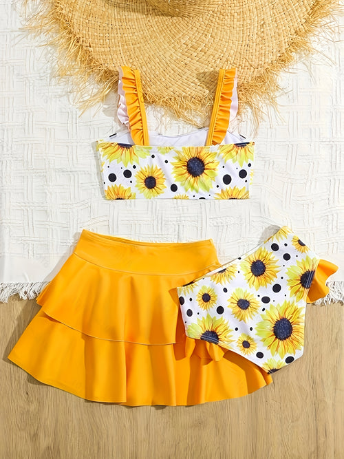 Kids Bikini, Sunflower Print Girls Bathing Suit, Toddler Girls Sunflower Polka Dot Three-Piece Beach Swimwear