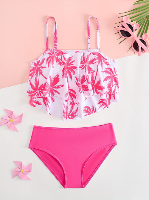 Girls Pink Palm Tree Print Ruffle Bikini Set, 2 Piece High Waisted Kids Swimsuit, Cute Toddler Bathing Suit for Beach, Pool, Vacation, Little Girls Swimwear