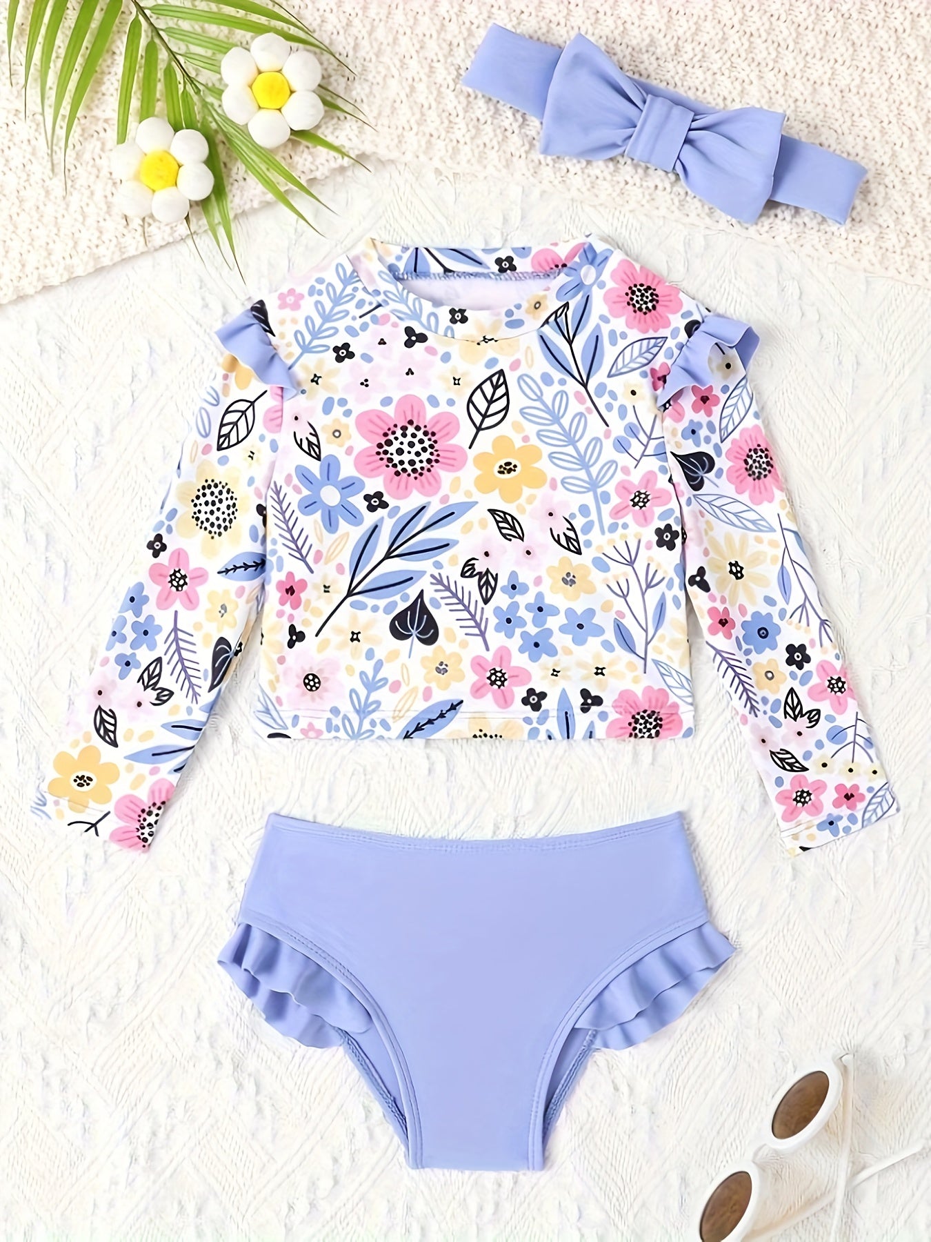 Girls Floral Print Long Sleeve Rash Guard Swimsuit Set, UPF 50+ Sun Protection 2 Piece Kids Bathing Suit with Headband, Ruffle High Waisted Swimwear for Toddler Girls, Beach Pool Vacation