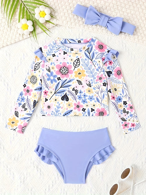 Girls Floral Print Long Sleeve Rash Guard Swimsuit Set, UPF 50+ Sun Protection 2 Piece Kids Bathing Suit with Headband, Ruffle High Waisted Swimwear for Toddler Girls, Beach Pool Vacation