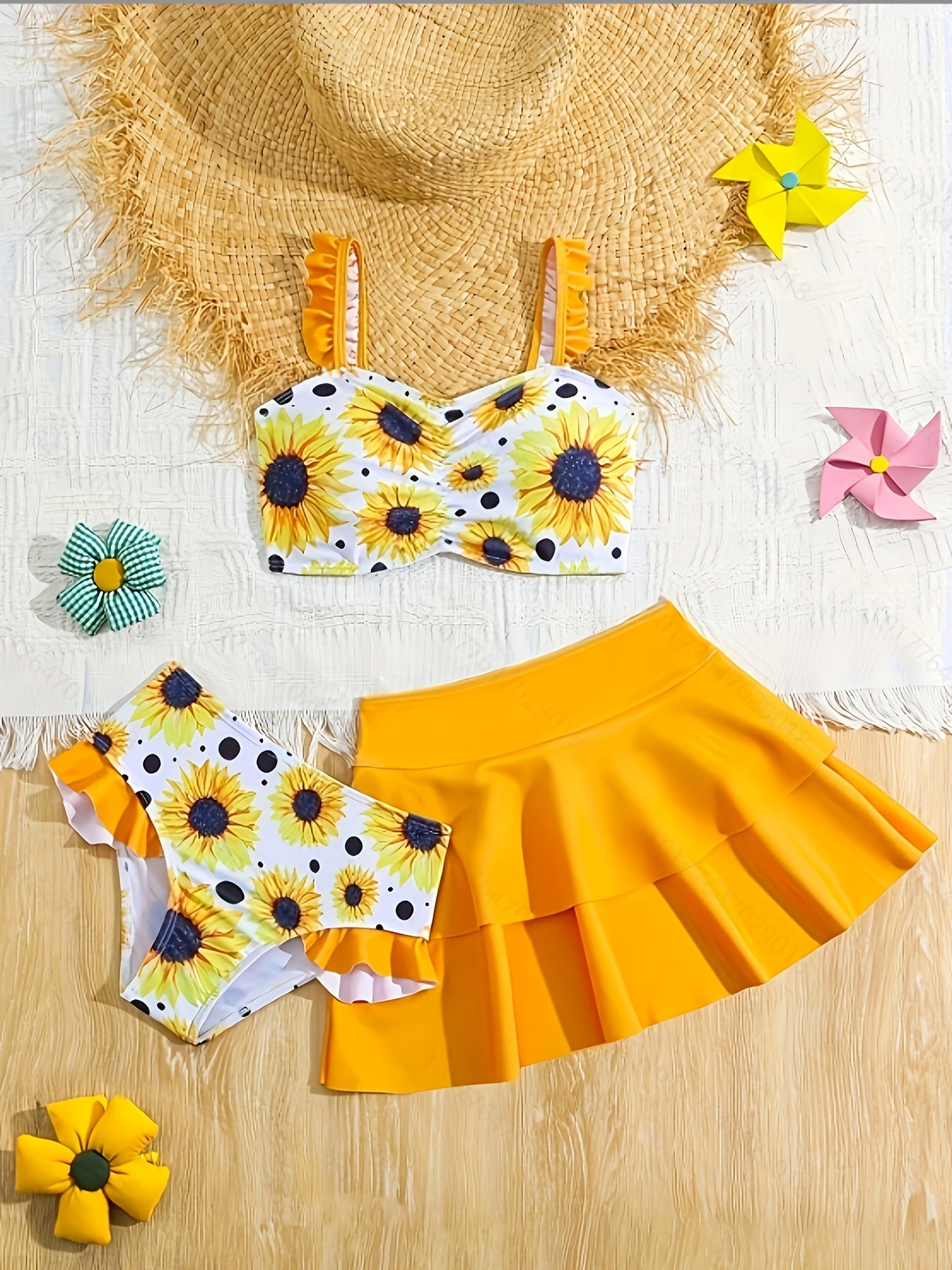 Kids Bikini, Sunflower Print Girls Bathing Suit, Toddler Girls Sunflower Polka Dot Three-Piece Beach Swimwear