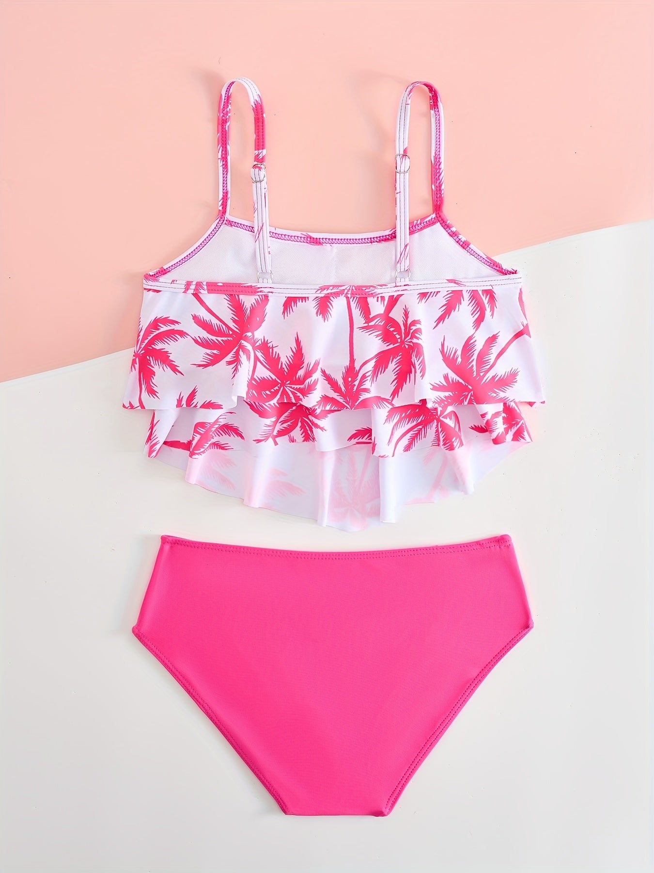 Girls Pink Palm Tree Print Ruffle Bikini Set, 2 Piece High Waisted Kids Swimsuit, Cute Toddler Bathing Suit for Beach, Pool, Vacation, Little Girls Swimwear