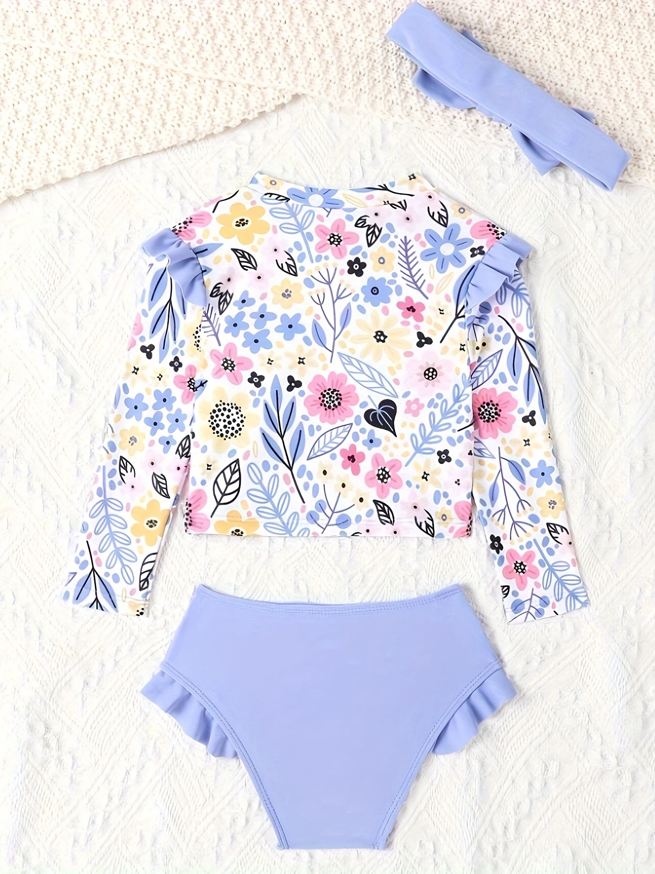 Girls Floral Print Long Sleeve Rash Guard Swimsuit Set, UPF 50+ Sun Protection 2 Piece Kids Bathing Suit with Headband, Ruffle High Waisted Swimwear for Toddler Girls, Beach Pool Vacation