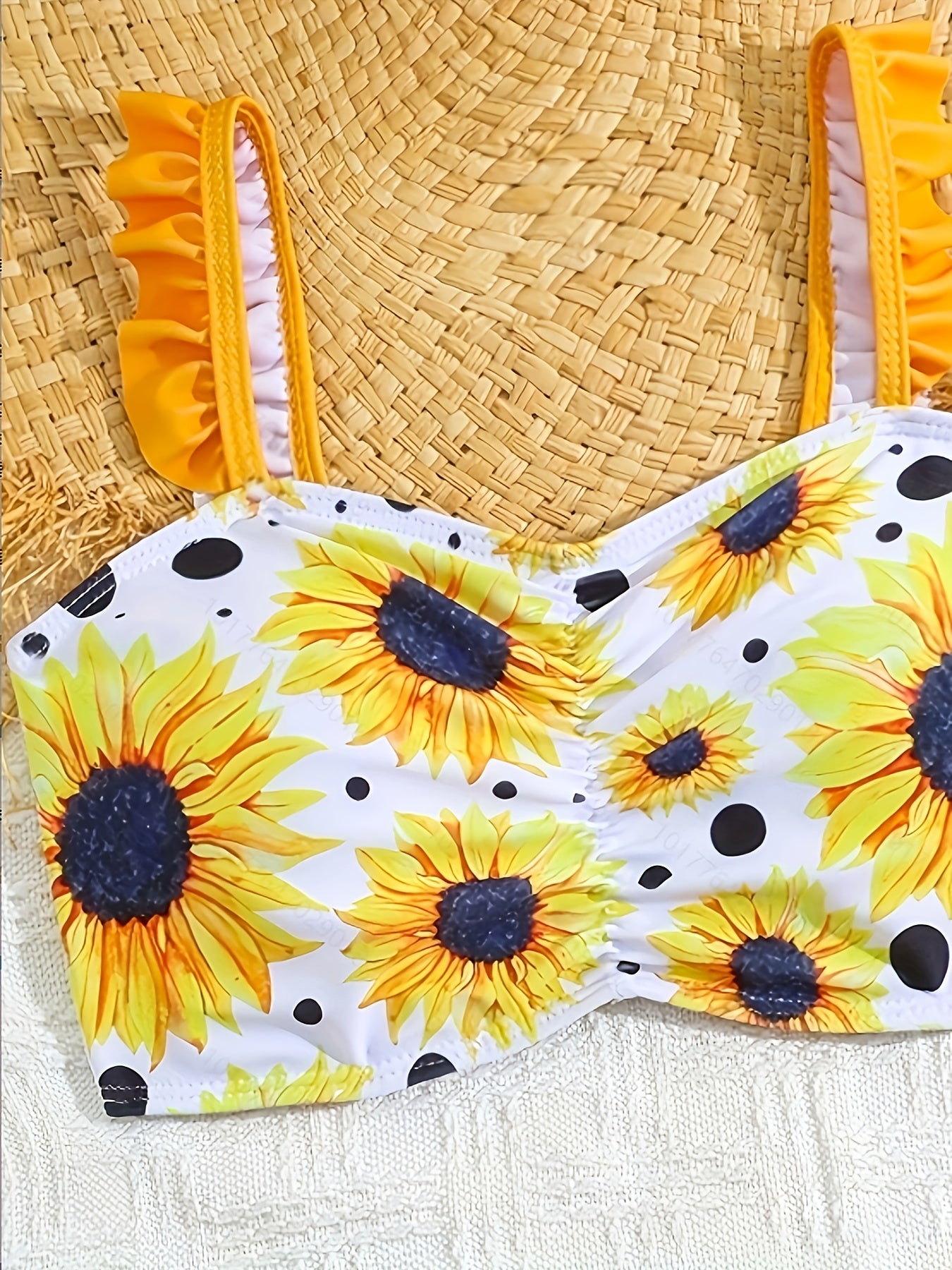 Kids Bikini, Sunflower Print Girls Bathing Suit, Toddler Girls Sunflower Polka Dot Three-Piece Beach Swimwear
