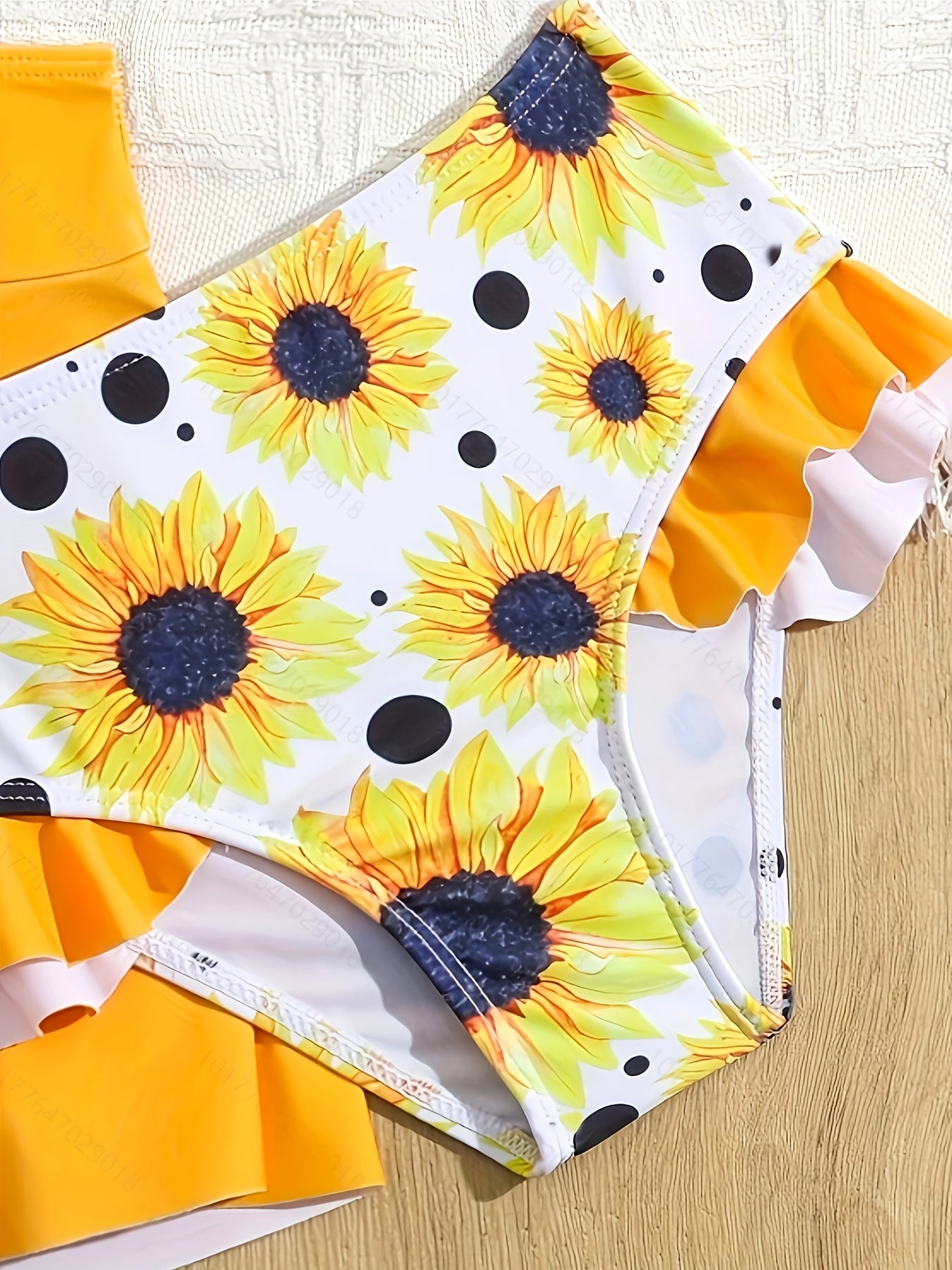 Kids Bikini, Sunflower Print Girls Bathing Suit, Toddler Girls Sunflower Polka Dot Three-Piece Beach Swimwear
