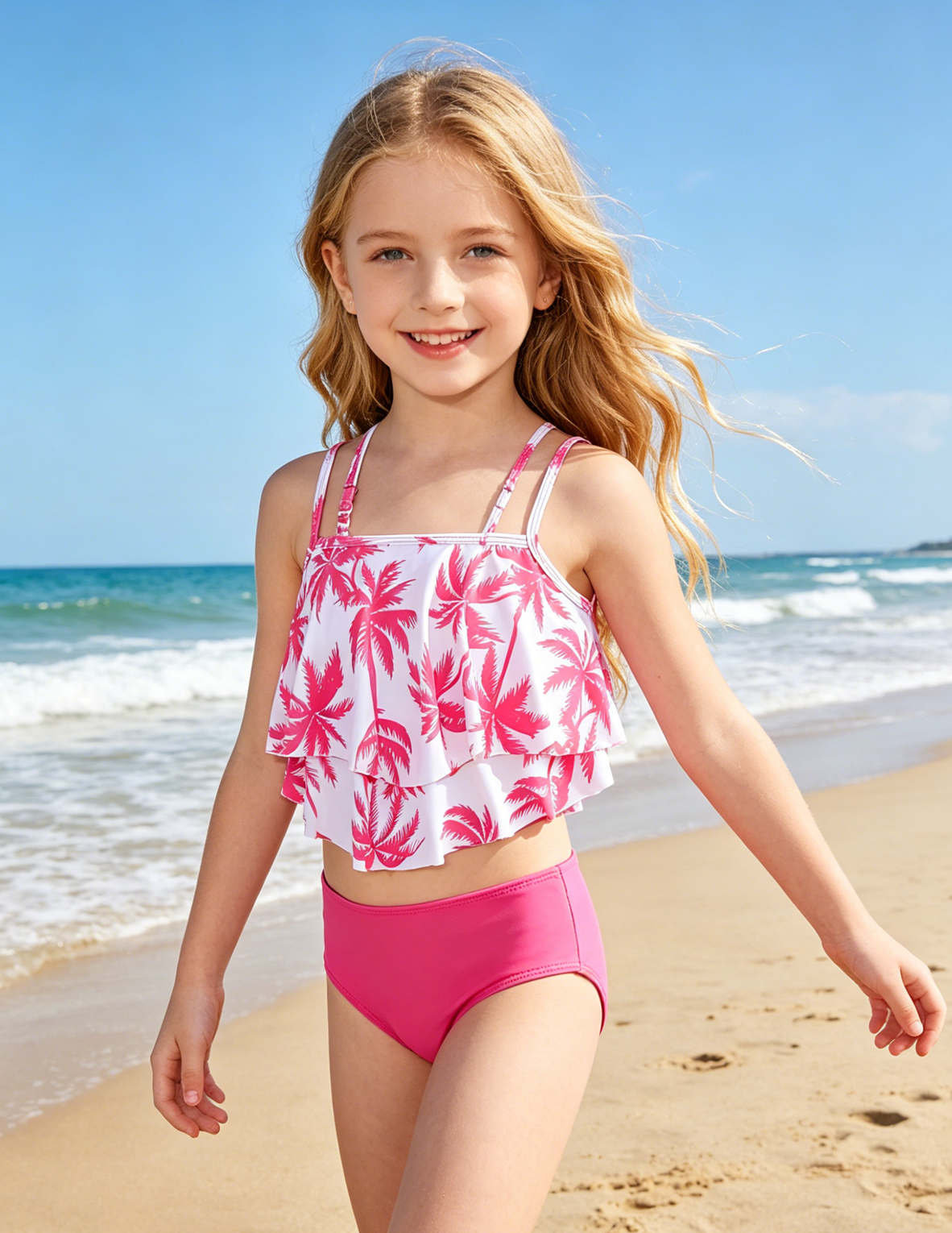 Girls Pink Palm Tree Print Ruffle Bikini Set, 2 Piece High Waisted Kids Swimsuit, Cute Toddler Bathing Suit for Beach, Pool, Vacation, Little Girls Swimwear