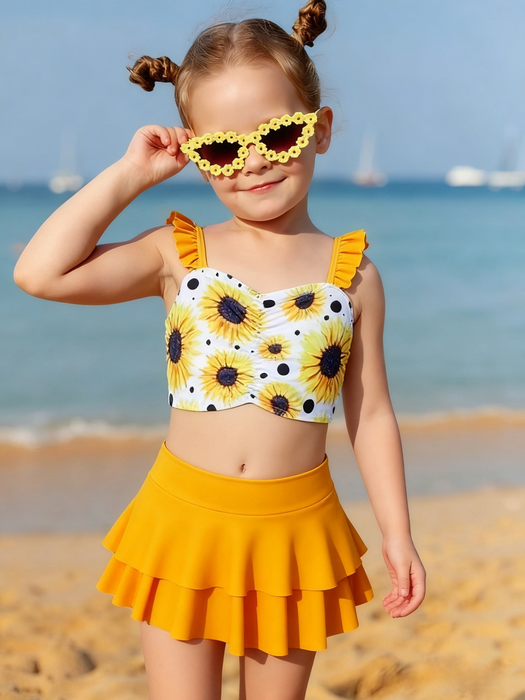 Kids Bikini, Sunflower Print Girls Bathing Suit, Toddler Girls Sunflower Polka Dot Three-Piece Beach Swimwear