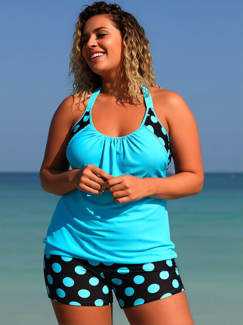 Plus Size Women's Tankini Swimsuit, Blue Polka Dot Print Two Piece Bathing Suit with Boyshorts, Flowy Tummy Control Swimwear for Beach Vacation