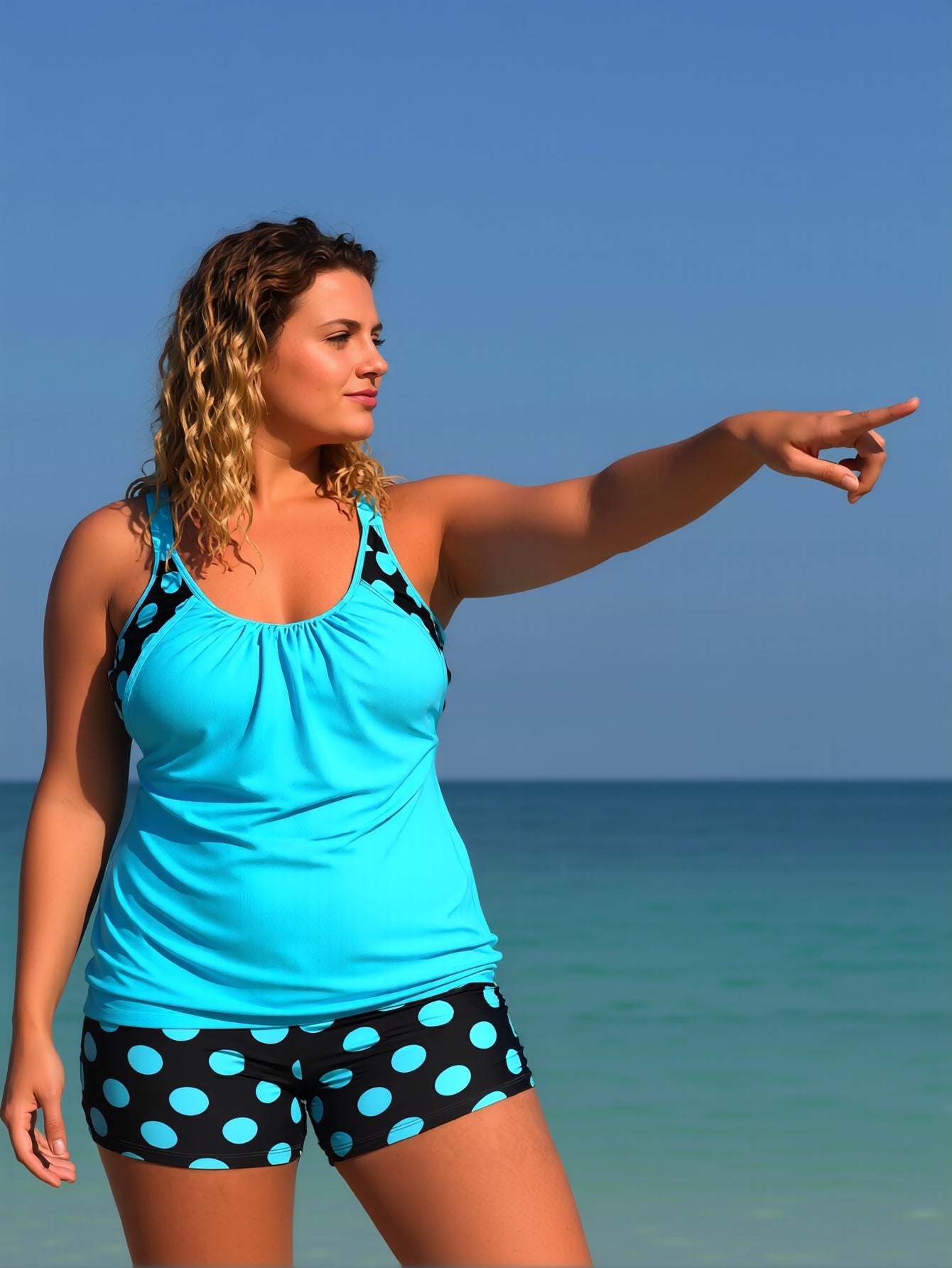 Plus Size Women's Tankini Swimsuit, Blue Polka Dot Print Two Piece Bathing Suit with Boyshorts, Flowy Tummy Control Swimwear for Beach Vacation