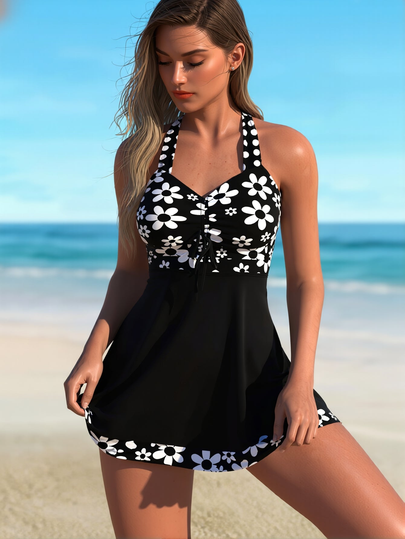 Women's Floral Print Halter Neck Swim Dress, Ruched Tummy Control One Piece Swimsuit, Modest Flowy Bathing Suit for Beach, Pool, Vacation, Plus Size Available
